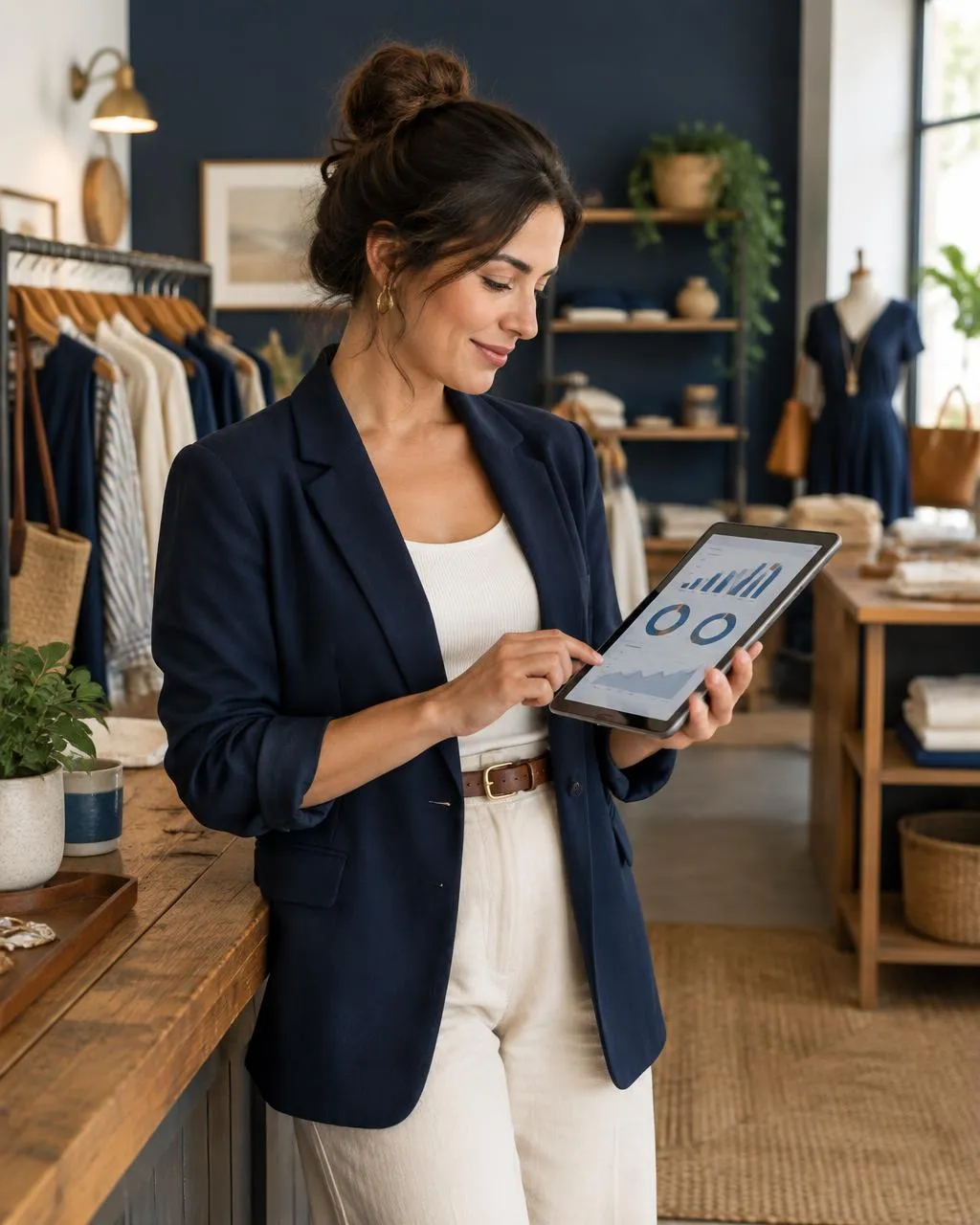 Small business owner reviewing performance on a tablet in her shop