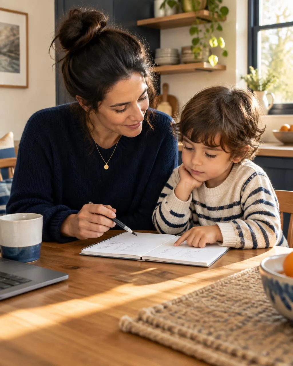 Parent and child reviewing a simple budget together at a kitchen table