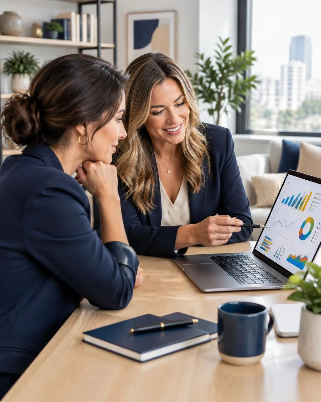 Business owner reviewing a dashboard on a laptop with an advisor