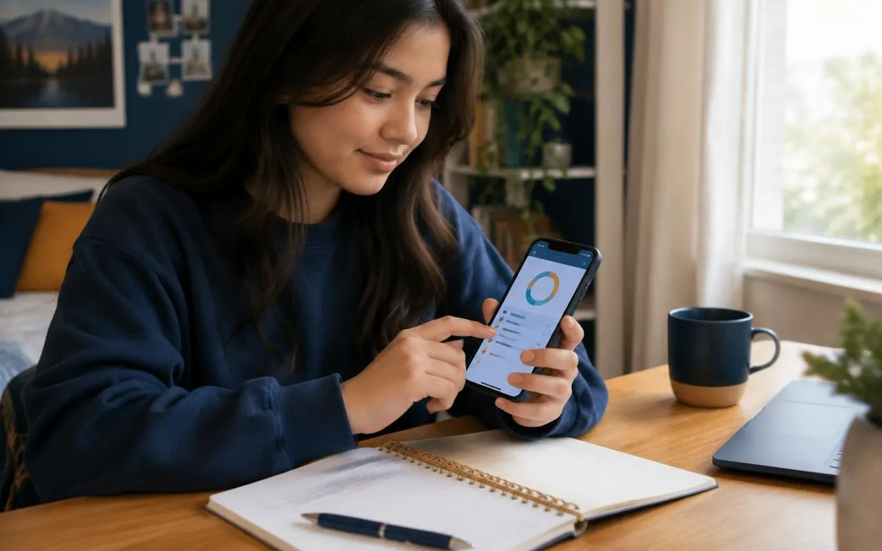 Teen using a budgeting app next to a notebook