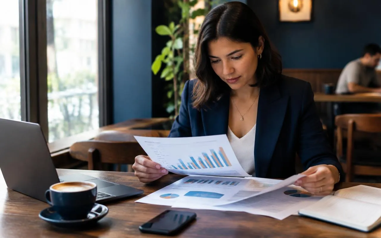 Business owner reading printed reports