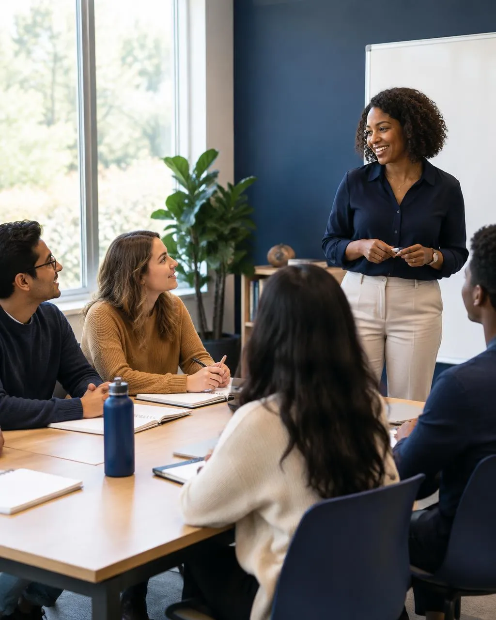 Students in a workshop with a facilitator at a whiteboard