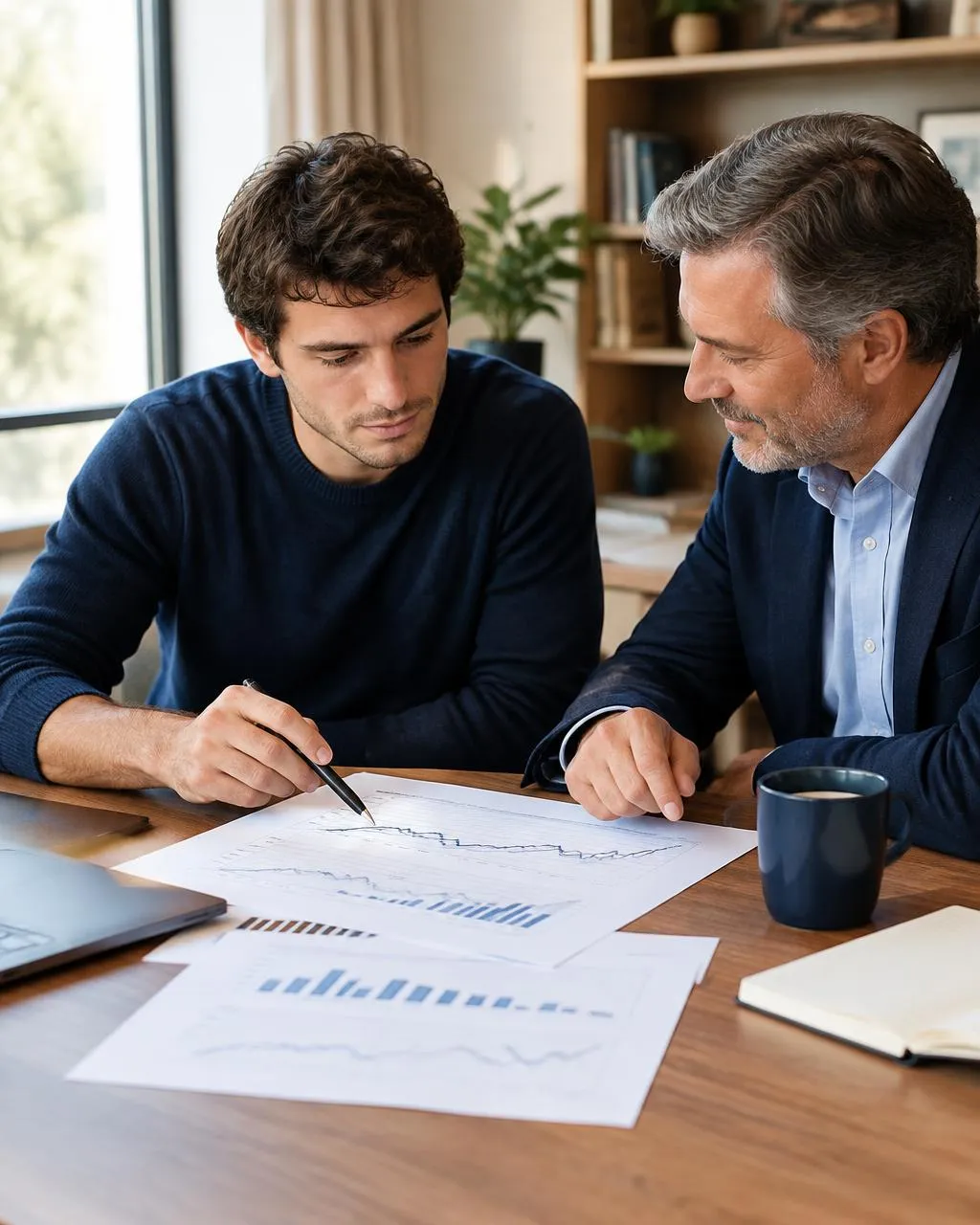 Founder and advisor reviewing financial charts at a desk