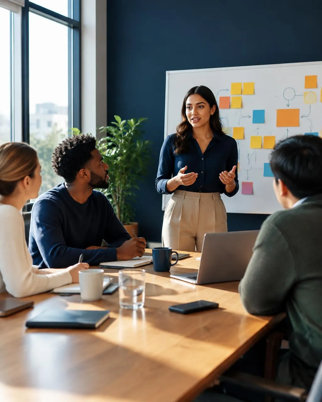 Small team in a meeting room with a strategy board