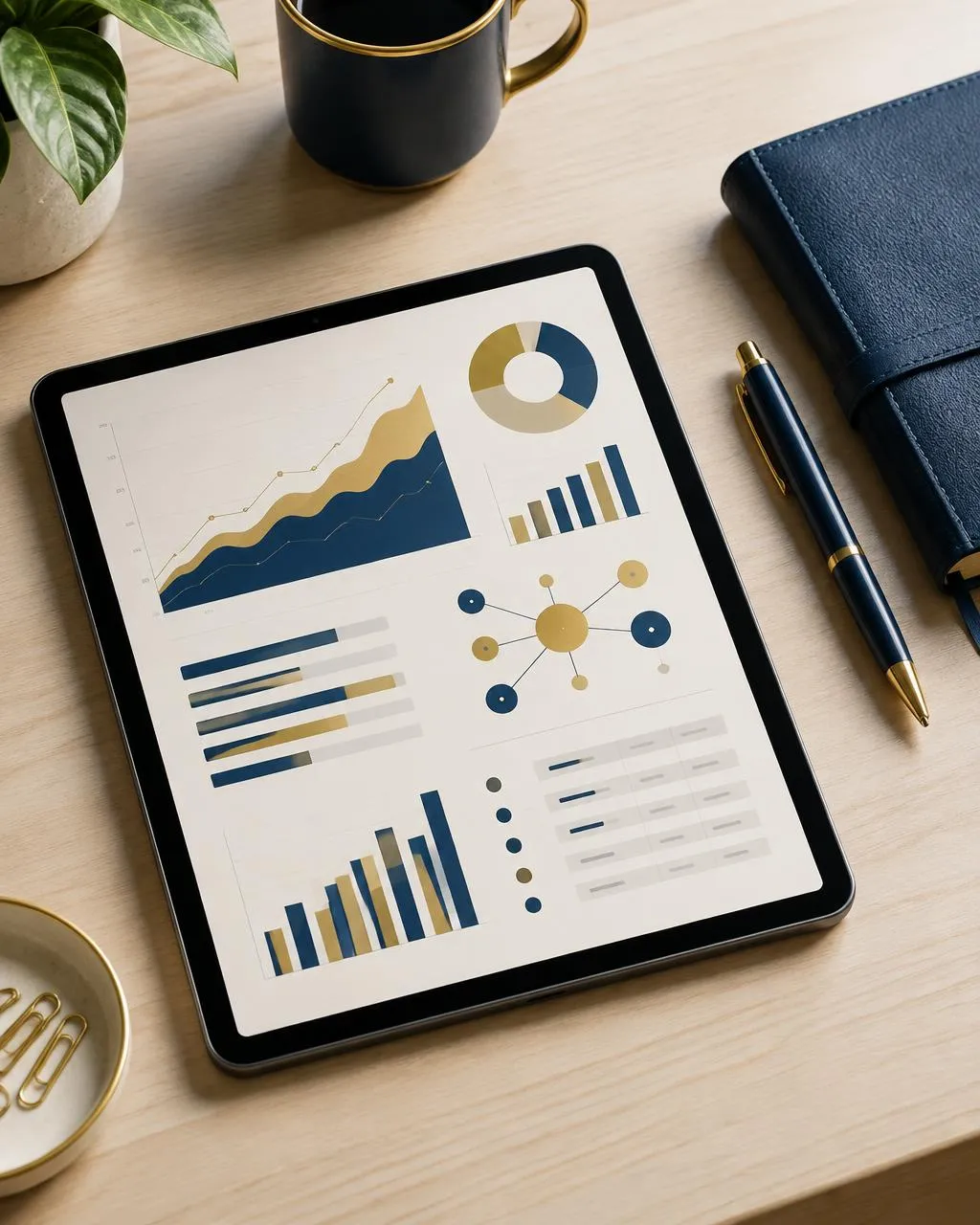 Tablet with a financial model on a clean desk next to a notebook