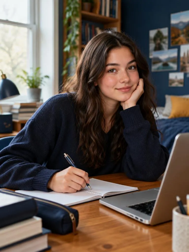 High school student with a notebook and laptop