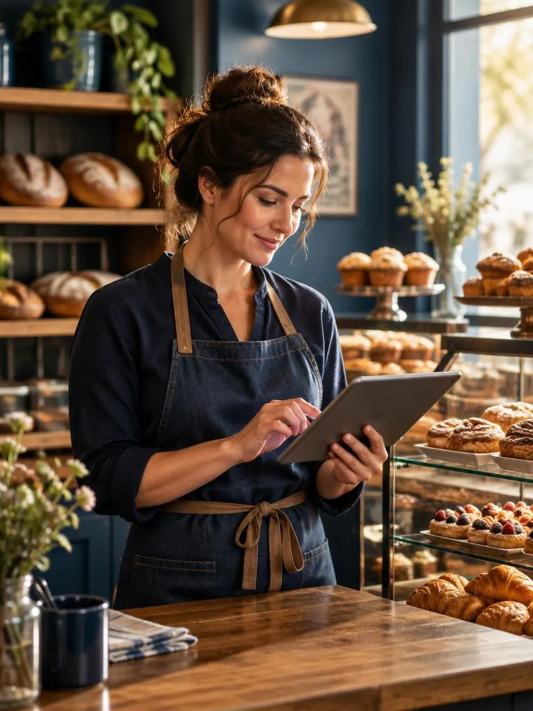 Bakery owner at the counter with a tablet